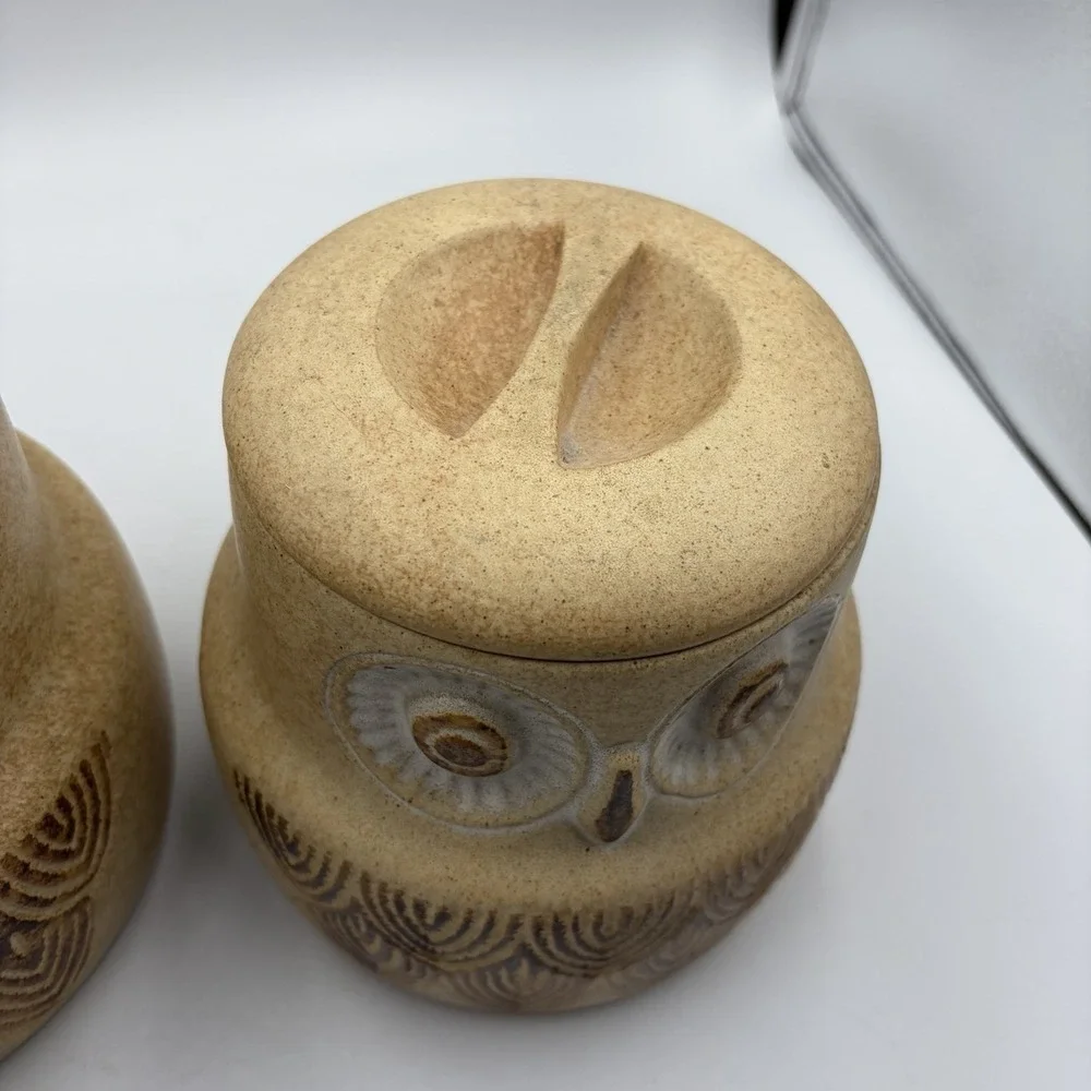 Two Vtg Owl Canisters W/ Lids Pottery Craft USA Mid Century Cottagecore Country